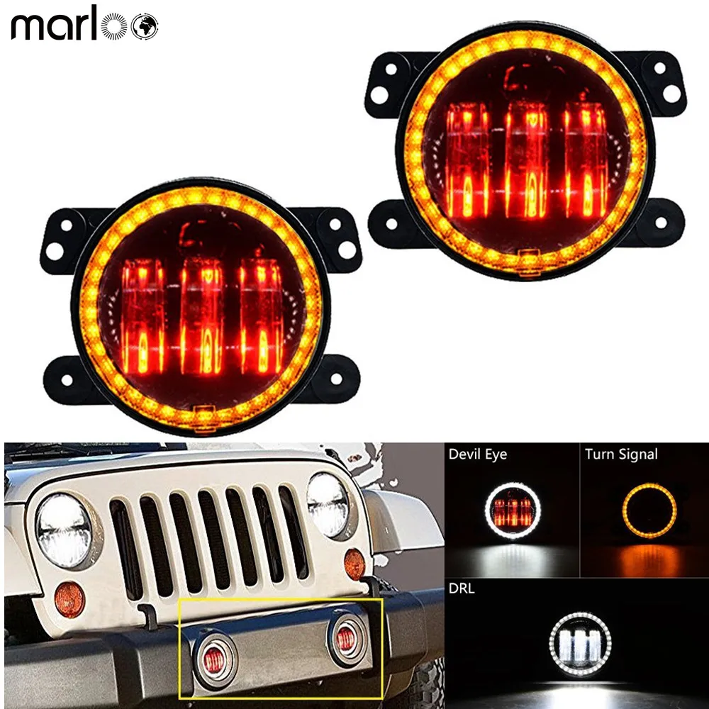 Marloo Pair 4 Inch LED Fog Lights For Jeep Wrangler Chrysler 300 PT Cruiser Dodge ( Amber White Halo Ring RED Devil Eyes)