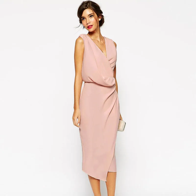 Cheap Price Women Dress Midi Work Dresses 2015 Chiffon Pink Wrap Drape ...