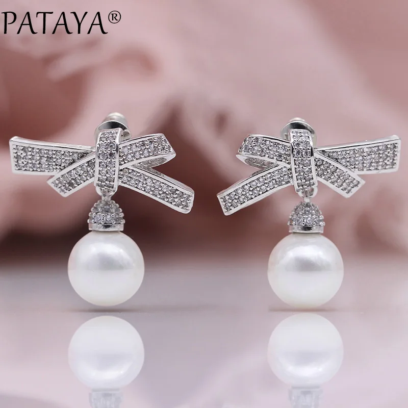 Pataya New Unique Needle Long Earring Women Fashion Luxury Fine Bow Jewelry True White Gold Color Orecchini A Bottone Con Zirconi Naturali