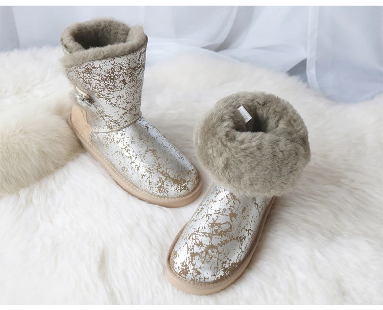 G& Zaco/роскошные женские зимние ботинки из натуральной овечьей кожи; шерстяные ботинки; женская теплая обувь до середины икры на плоской подошве с натуральным овечьим мехом и кристаллами