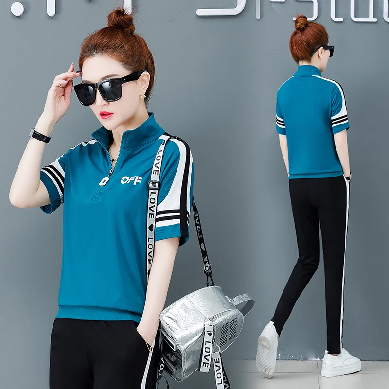 

Summer New Casual Two-piece Female Large Size Short-sleeved Trousers Slim Sports Suit Fashion Foreign Sports Clothes