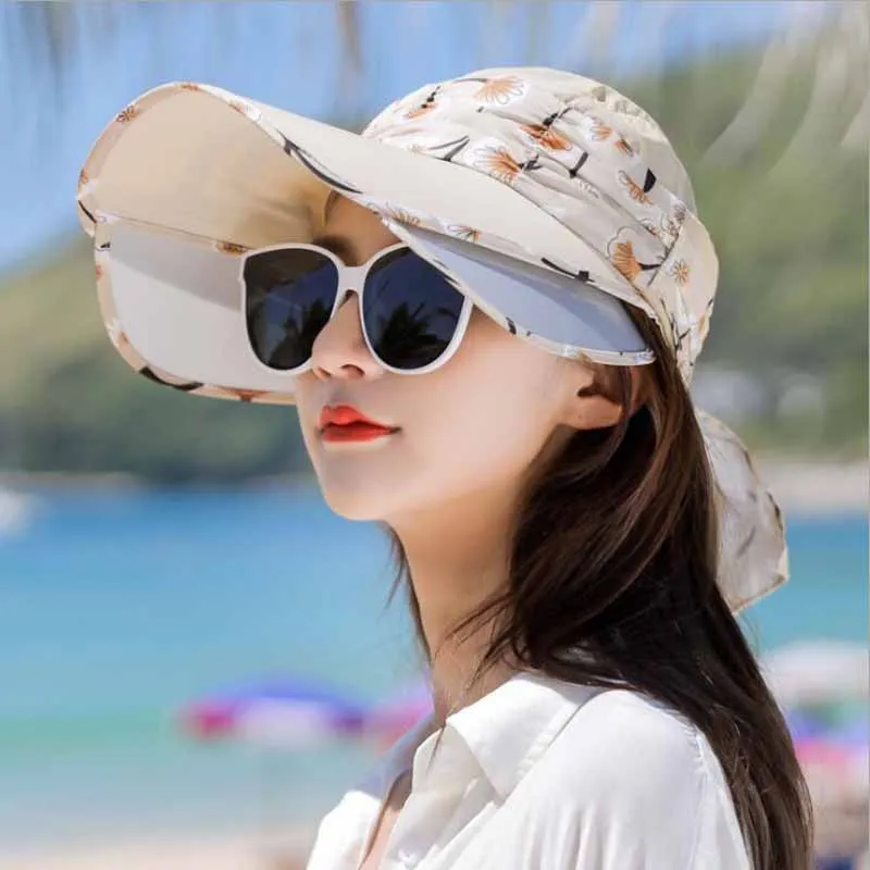 2019 قبعة الشمس للنساء الصيف فارغة أعلى شاطئ كاب الإناث قابل للسحب قناع الشمس حماية القبعات الواسعة الحافة في الهواء الطلق عارضة الفاتحة