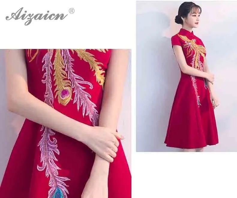 2019 de moda rojo Cheongsam bordado Phoenix Qipao las mujeres chino tradicional boda Vestido tounica estilo Восточный