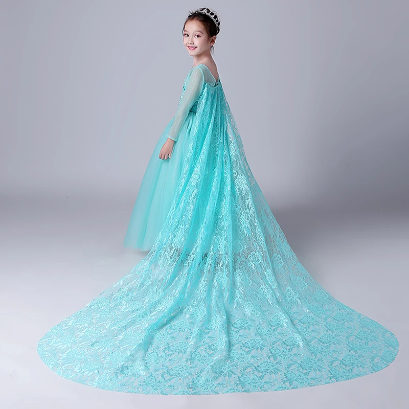 

4-10Y Royal Princess Dress Mesh Long Tailing Flower Girls Dresses Appliques Girls Holy Communion Dress Kids Pageant Dress D194