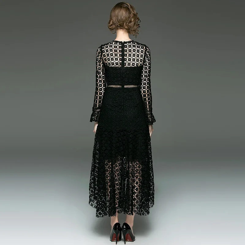 Spring Long Dress Female European And American Solid Color Water Soluble Flower Lace Hollow Sexy Irregular Women Dress
