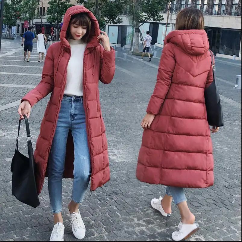 Fashion Down Long Red White Black Hoodie Parkas Warm Jackets Thick Female Coat Christmas Autumn Winter Women Plus Size Jacket - Цвет: dark Red