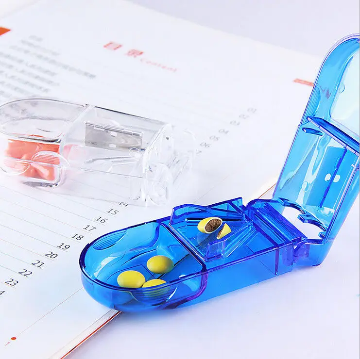 

Portable Pill Box With Knife Cutter Splitter Half Storage Compartment Box Medicine Tablet Holder