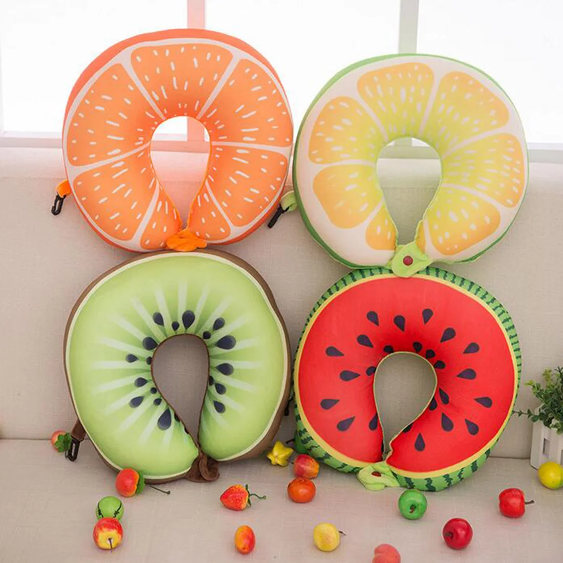 

Home Textile Fruit U Shaped Travel Pillow Nanoparticles Neck Pillow Watermelon Lemon Kiwi Orange Car Pillows Soft Cushion