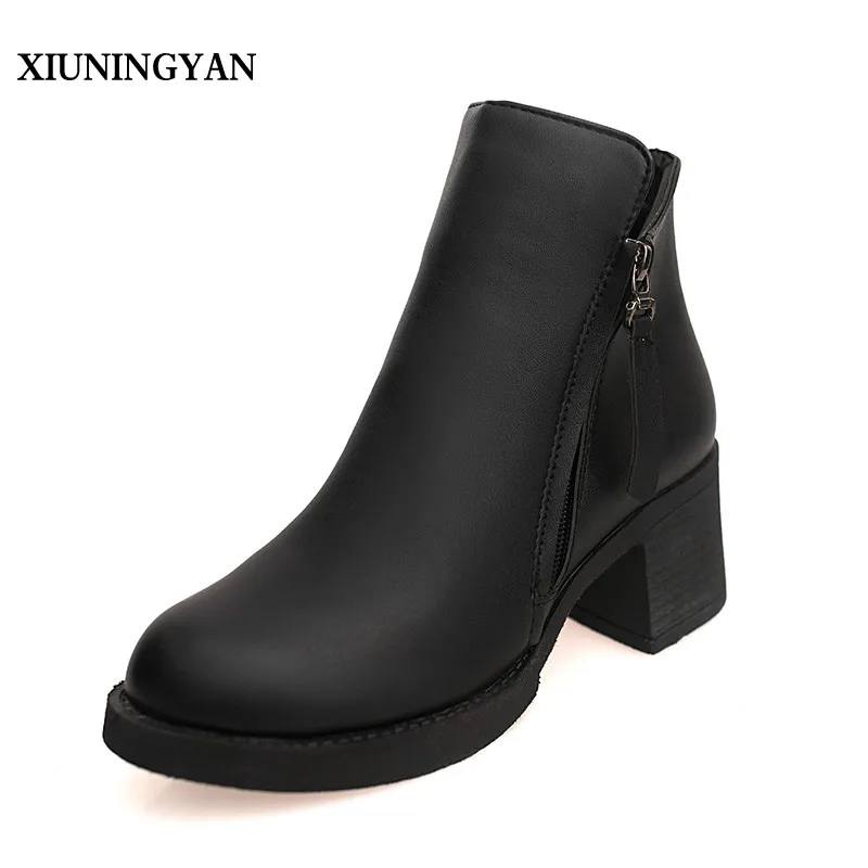 

XIUNINGYAN 2018 New Fashion Women Boots Leather Casual PU Ankle Boots Zipper Square Heels Shoes Martin Boots Black Red Size 40