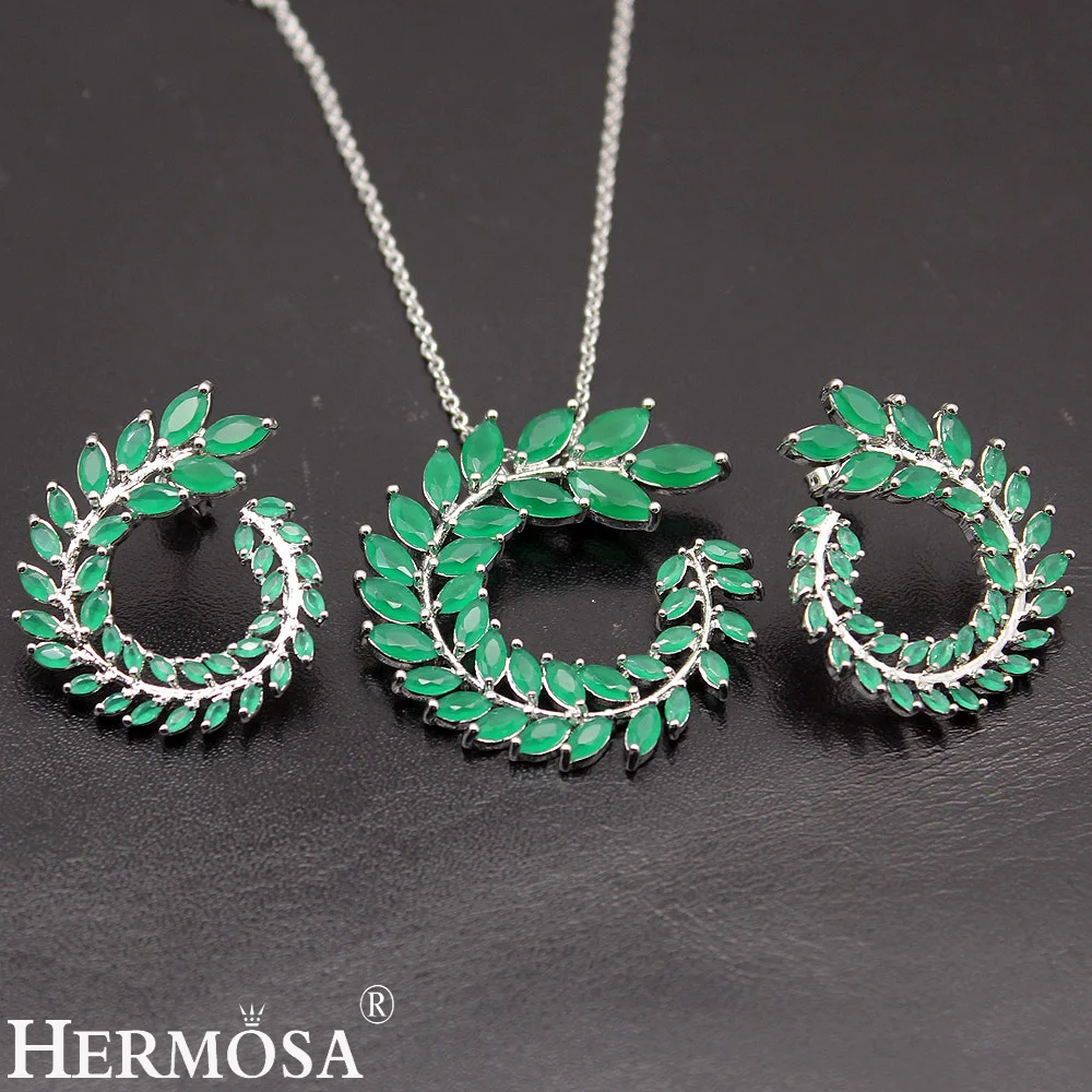 

Womens Jewelry Sets 925 Sterling Silver Earrings Necklace Natural Stone Green Emeraldd Chain 17 inch