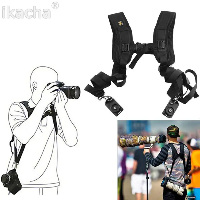 Black Soft Quick Double Camera Sling Neck Shoulder Belt Strap -4