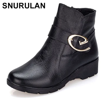 

SNURULAN 2017 Winter Shoes Woman Genuine Leather Snow Boots New Fashion Casual Wedges Ankle Boots Women Warm Shoes Women Boots