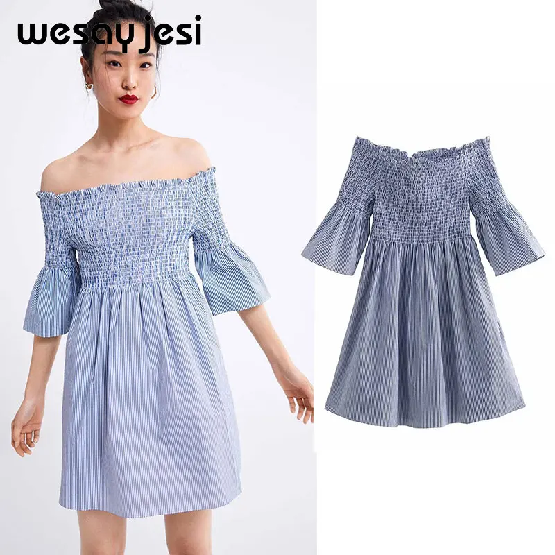 

2019 spring and summer dress women vestidos a-line striped flare sleeve slash neck mini dress vestidos de fiesta party dress