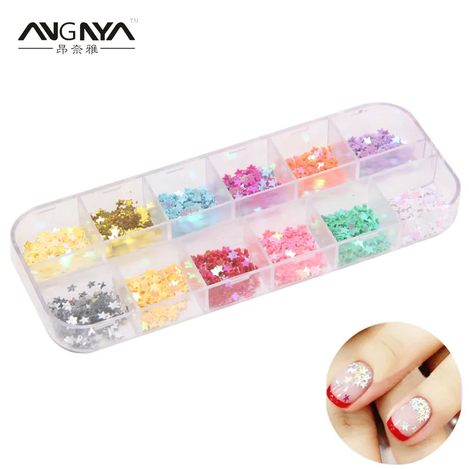 

ANGNYA 12 Colors 1 Box 3D Nail Art Nail Glitter Acrylic Shining Star Shape Nail Decoration DIY Nail Polish Tools