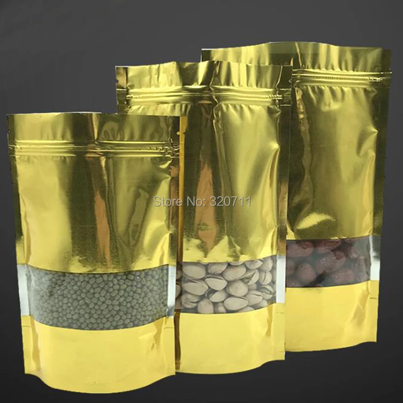 500pcs 12*20/16*24cm gold metalized aluminium foil zip lock bags for