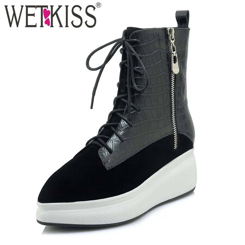 

WETKISS Cow Suede Women Ankle Boots Lace Up Pointed Toe Footwear Leather Female Boot Fashion Casual Print Platform Shoes Woman