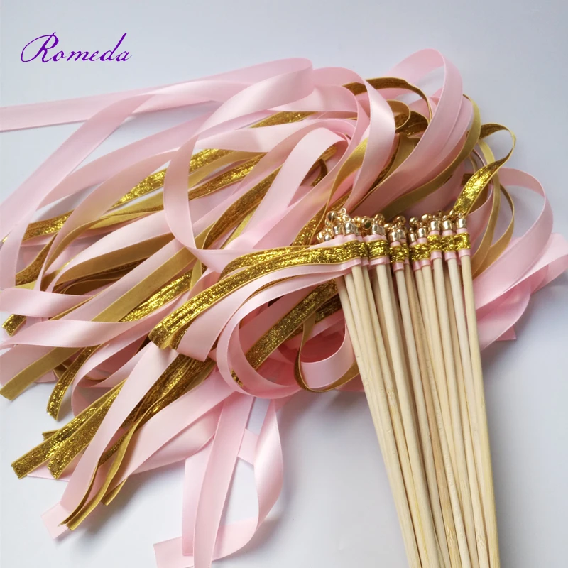 

Newest 50Pieces/Lot pink glitter stain ribbon wedding wands stick with gold bell for wedding decoration