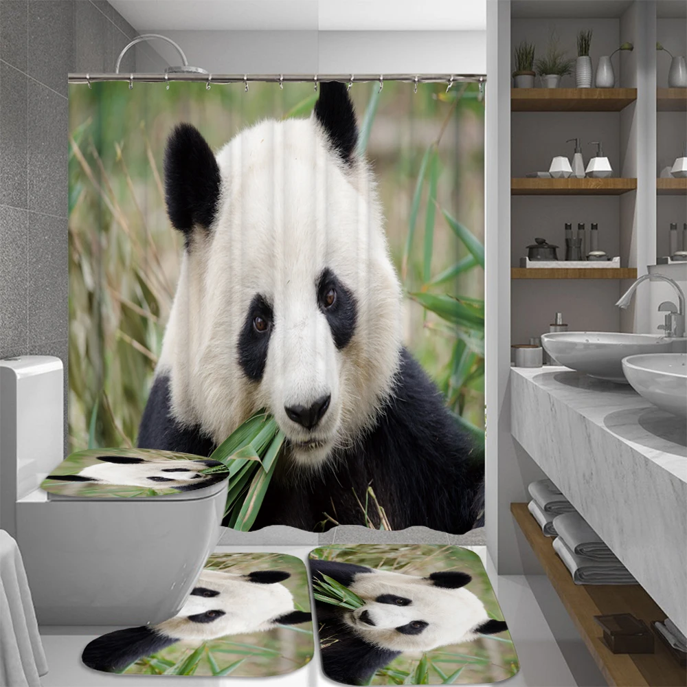 

180*180cm 4 Pcs Lovely Panda Bamboo Bathroom Decor Waterproof Shower Curtain Non Slip Toilet Cover Rugs Mat Set With 12pcs Hooks