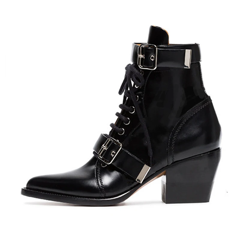 WETKISS/женские ботинки на Высоком толстом каблуке; обувь с острым носком и перекрестной шнуровкой; женские ботинки из коровьей кожи; обувь в байкерском стиле; Женская Осенняя обувь года - Цвет: Черный