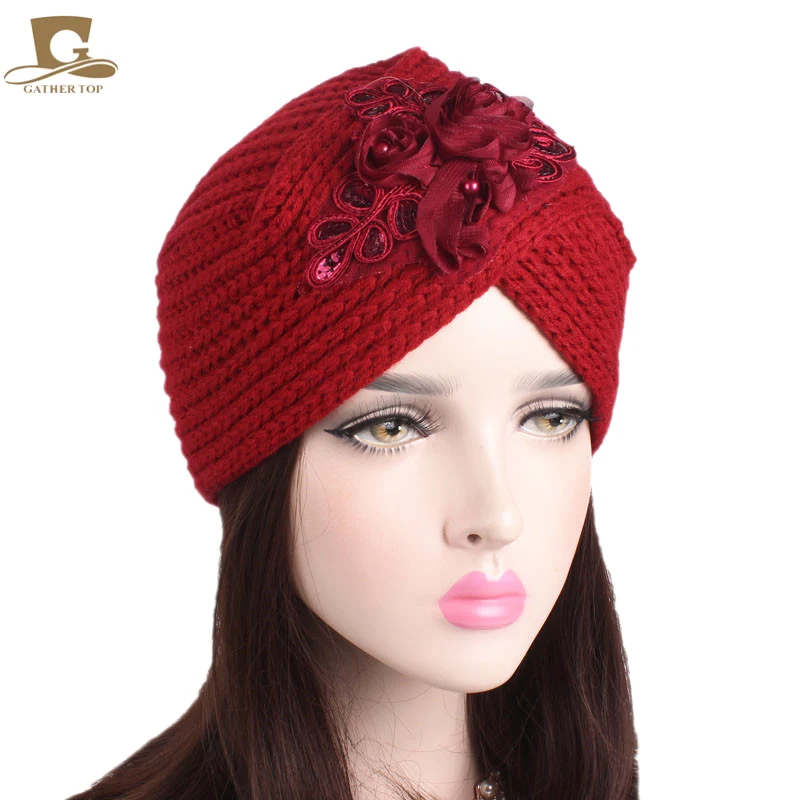 

New Women Fashion Luxury Winter Knitted Beanie Headband Cross Lady Bandanas Crochet Headwrap Knit Turban With Sequined Flower
