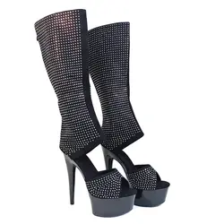 Leecabe 15 см шпильках для ночного клуба Сталь трубки Обувь для танцев Полые черный полный rhinstone полюс Обувь для танцев