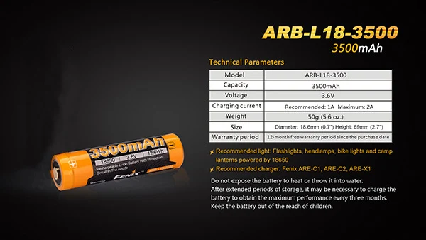 Fenix ARB-L18-3400/3500 литий-ионный аккумулятор 3400 мАч/3500 мАч 3,6 В перезаряжаемый аккумулятор 18650 для портативного освещения - Цвет: Multi with 3500mAh