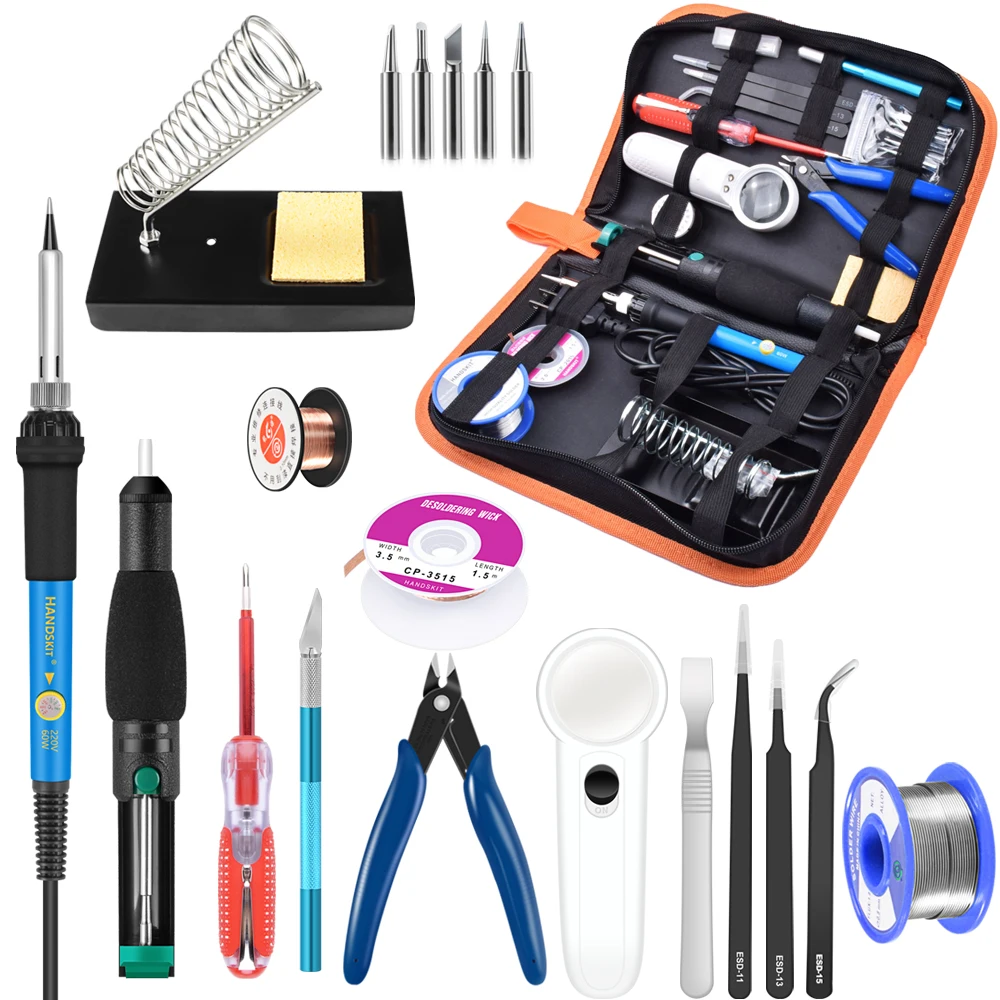 

HANDSKIT 60W Adjustable Temperature Soldering Iron Kit with 5PCS Tips Desoldering Pump Soldering Iron Stand Tweezer magnifier
