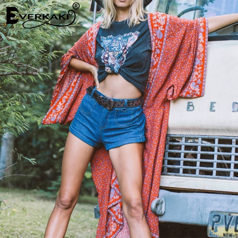 

Everkaki Women Boho Coat Kimono Print Sashes Long Batwing Sleeve Loose Bohemian Tops And Coats Spring Autumn 2019 Autumn New