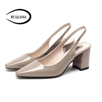 

WEIQIAONA Fashion Elegant Women shoes Genuine Patent Leather Ankle straps Pumps Chunky High Heels Ladies hollow Party shoes
