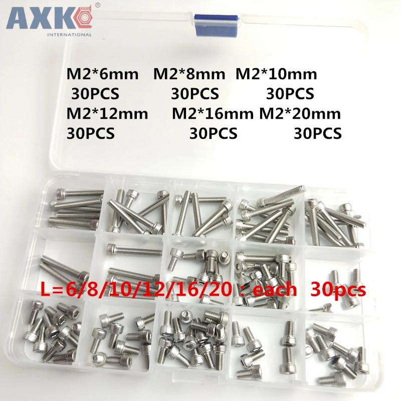 

AXK 180pcs M2 Screw Kits DIN912 Allen Bolts Hex Socket Head Cap Screw Assortment Kit M2*6/8/10/12/16/20mm