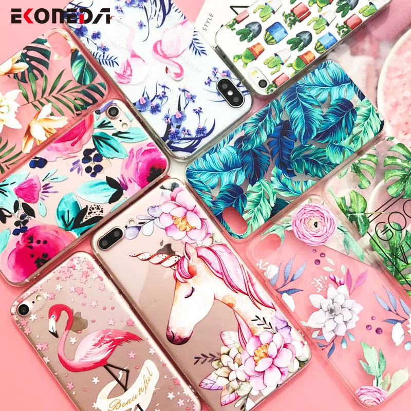 EKONEDA Silicone Case For iPhone 7 7Plus 6 6S 6Plus 5 5S SE Case Soft TPU Cover Flower Leaves Bird For iPhone 6S 8Plus X XS Max