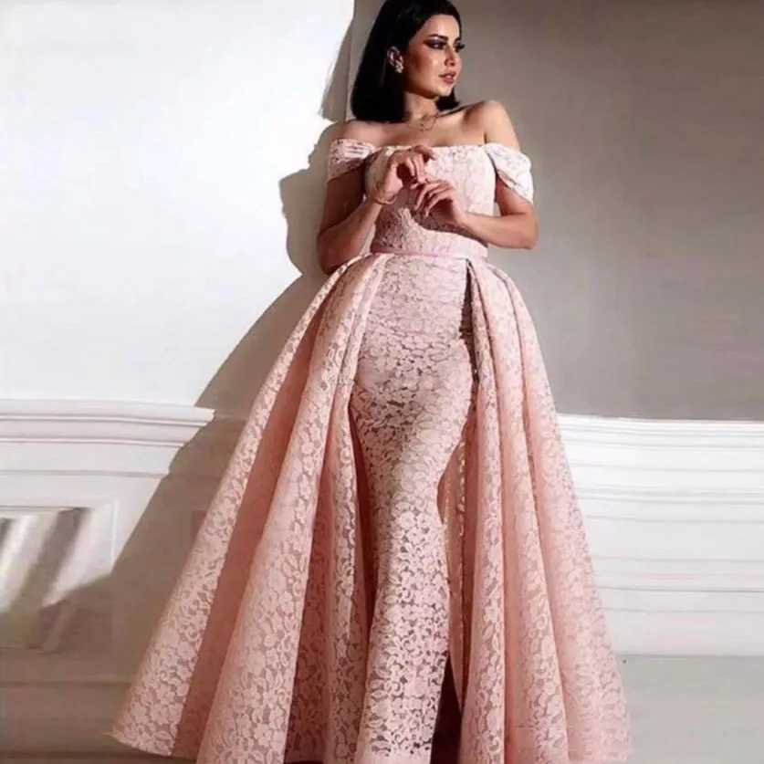 2019 Saudi Arabic Overskirts Prom Dresses Detachable Train Off-shoulder Formal Party Gowns Zipper Back Sheath Full Lace Evening Dress189