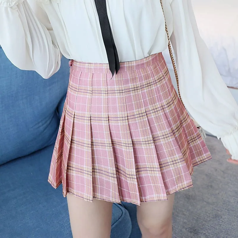 BEFORW Новые короткие юбки с высокой талией японские корейские элегантные мини женские юбки Kawaii розовая клетчатая плиссированная теннисная повседневная юбка