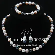 Ювелирные изделия 00210 устанавливает 8-9 мм Красочные культурная жемчужина акоя Цепочки и ожерелья/Браслеты/Earrings1" 7,5"