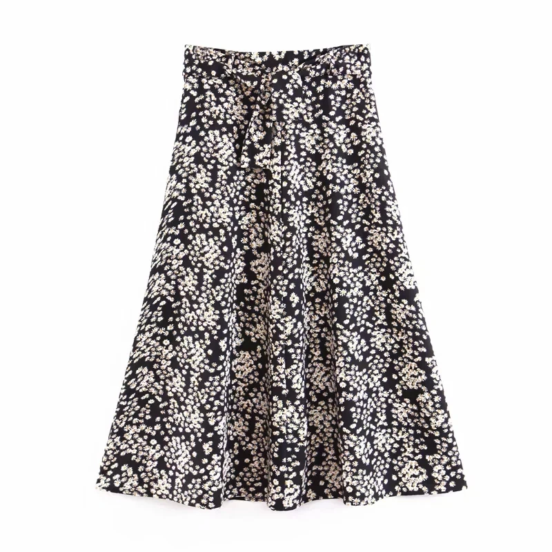

ZXQJ Vintage Floral Skirts for Women 2019 Summer Ladies High Waist Slim Bohemian Skirt With Belts Kboho Girls Pleated Bottoms