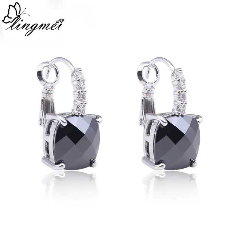 

lingmei New Fashion Women Beautiful Oval Cut Earrings Wholesale Jewelry Sexy Black Silver Color Dangle Hook Lady Party Gift