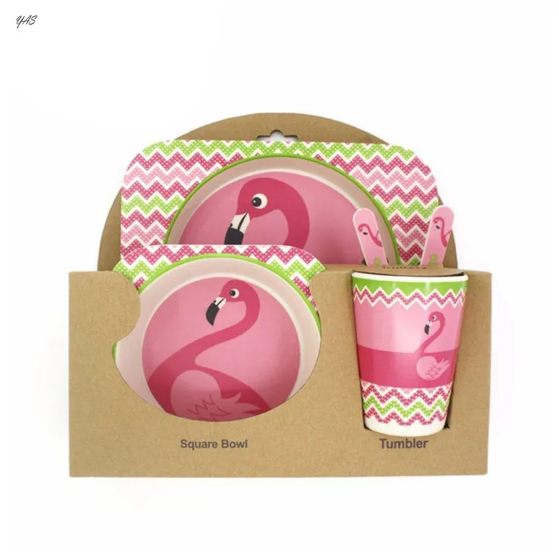 YAS 5pcs/Set Baby Dish Tableware Spoon Fork Bowl Cup Plate Bamboo Fiber Cartoon Dinner Feeding Dishes For Kids Free Shipping