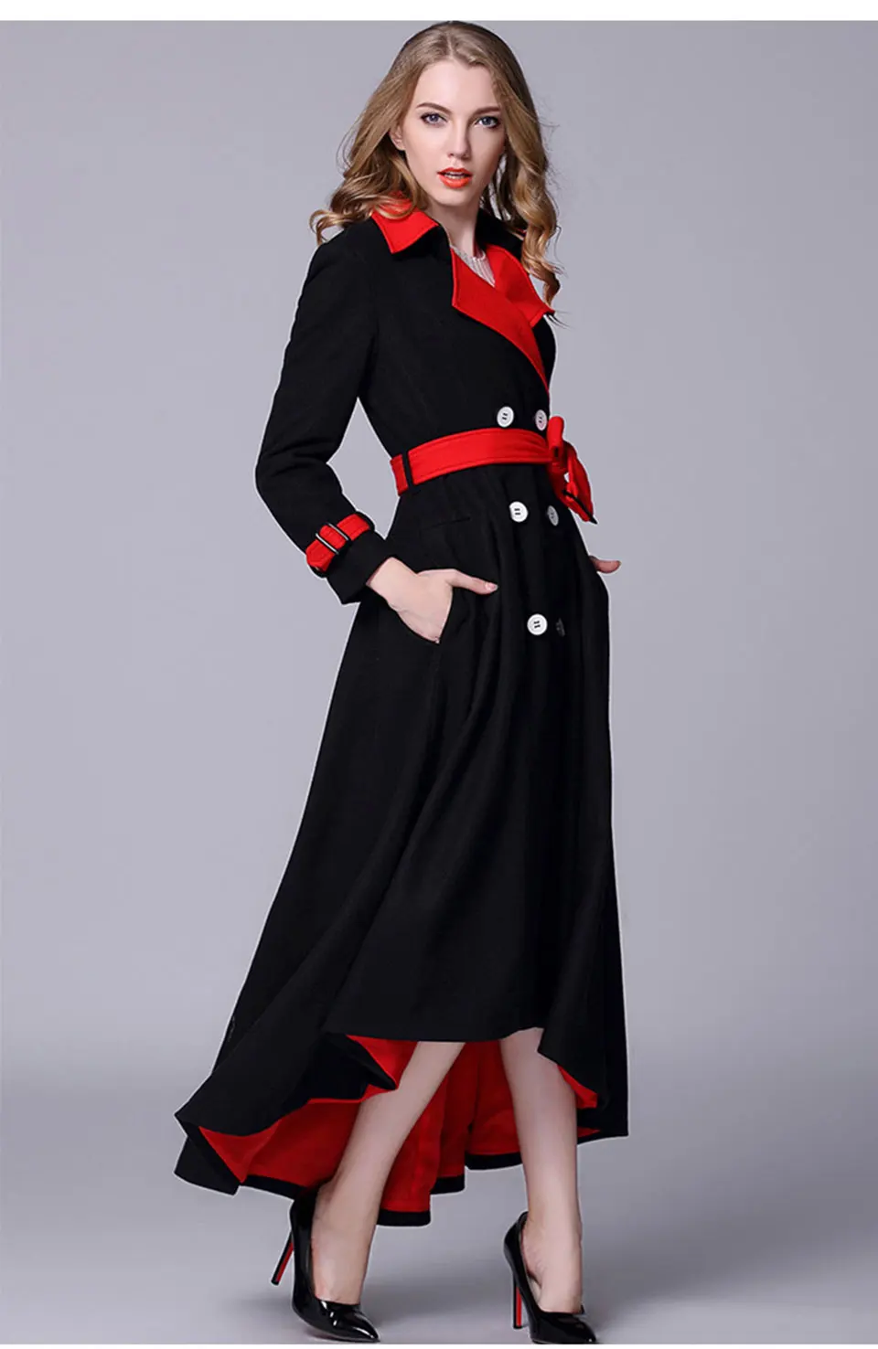 Женское модное Черное длинное шерстяное пальто высокого качества, кашемировое пальто, Женское зимнее элегантное пальто