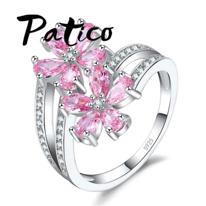 

PATICO Fashion Two Colors Elegant 925 Sterling Silver Daisy Flower Rings Clear Pink CZ Crystal Stone Wedding Rings For Women