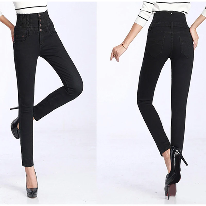 Весенние джинсы с высокой талией, женские брюки-карандаш с эластичной талией, однобортные брюки для женщин, большие размеры, летние женские леггинсы