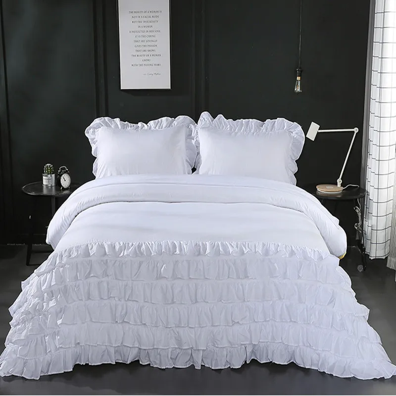 

Free shipping Korean princess solid color white ruffles cake layers style twin full queen king size bedding set