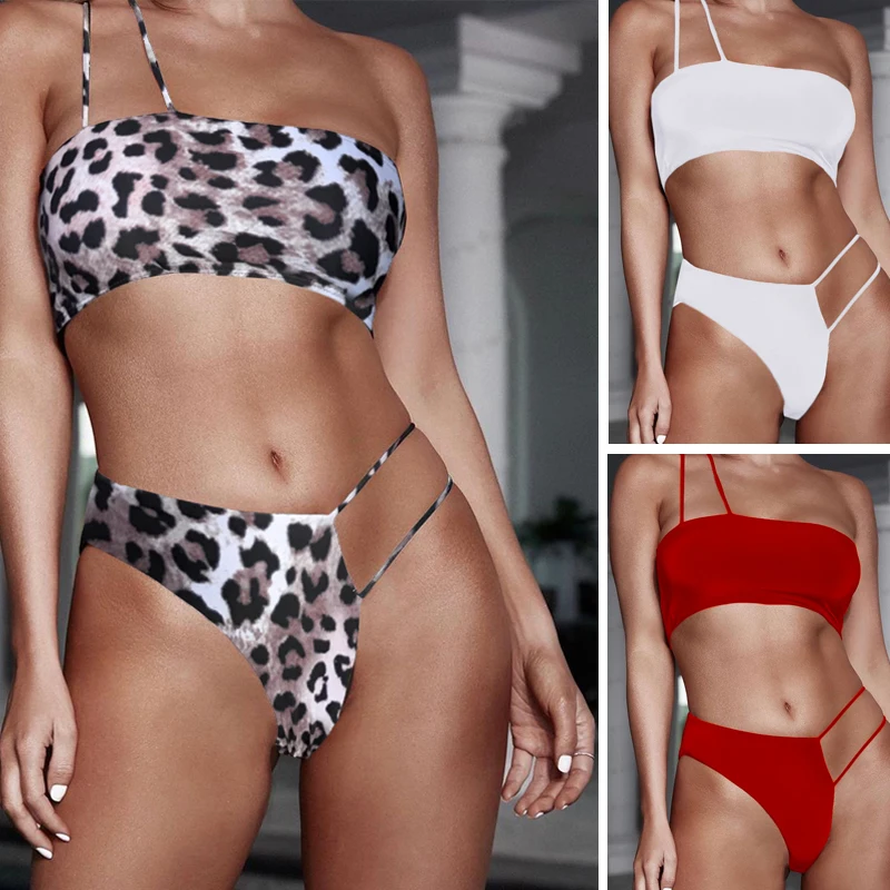 Online Schulter tanga bikinis 2020 mujer badenden High cut schwarz bademode frauen biquini Bandeau push up badeanzug weiblichen badeanzug