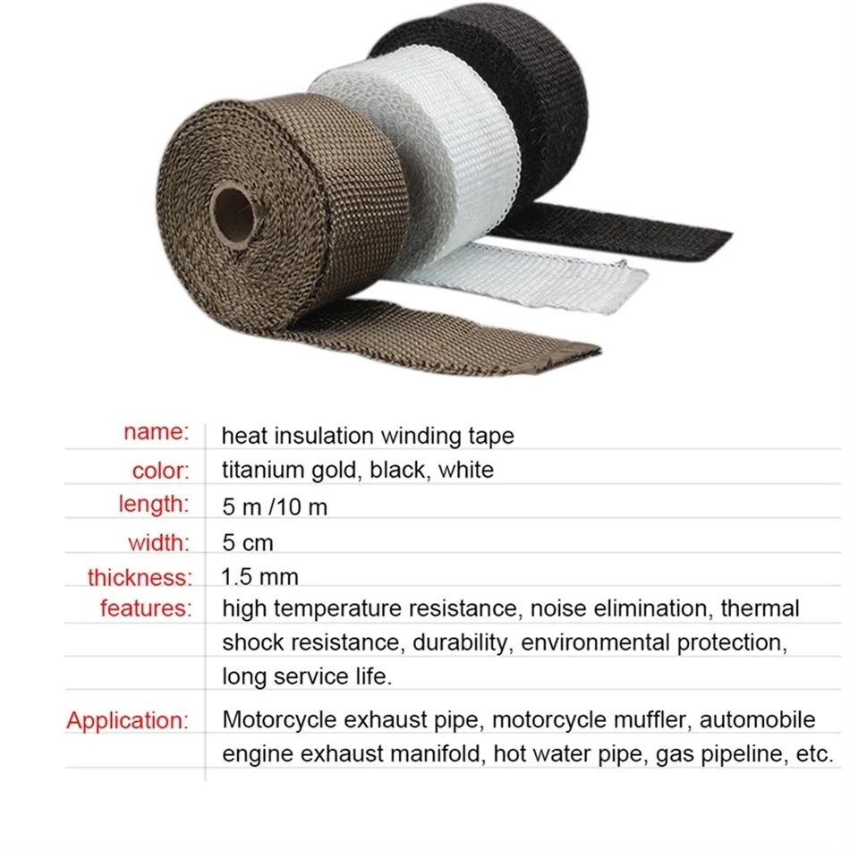 Мотоциклетная выхлопная труба 5 м и 10 м изоляционная намоточная лента термостойкая лента рулон ткани черный белый титановый Золотой вариант