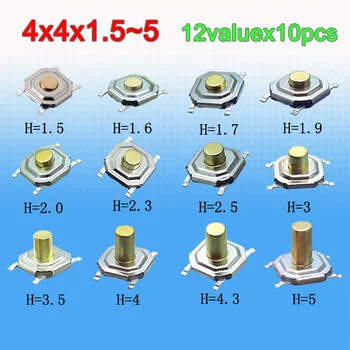 

12valuesx10pcs=120pcs Tact Switch Kit 4*4*1.5~5mm SMD Waterproof Tactile Push Button Switches 4x4 mm Micro Switch