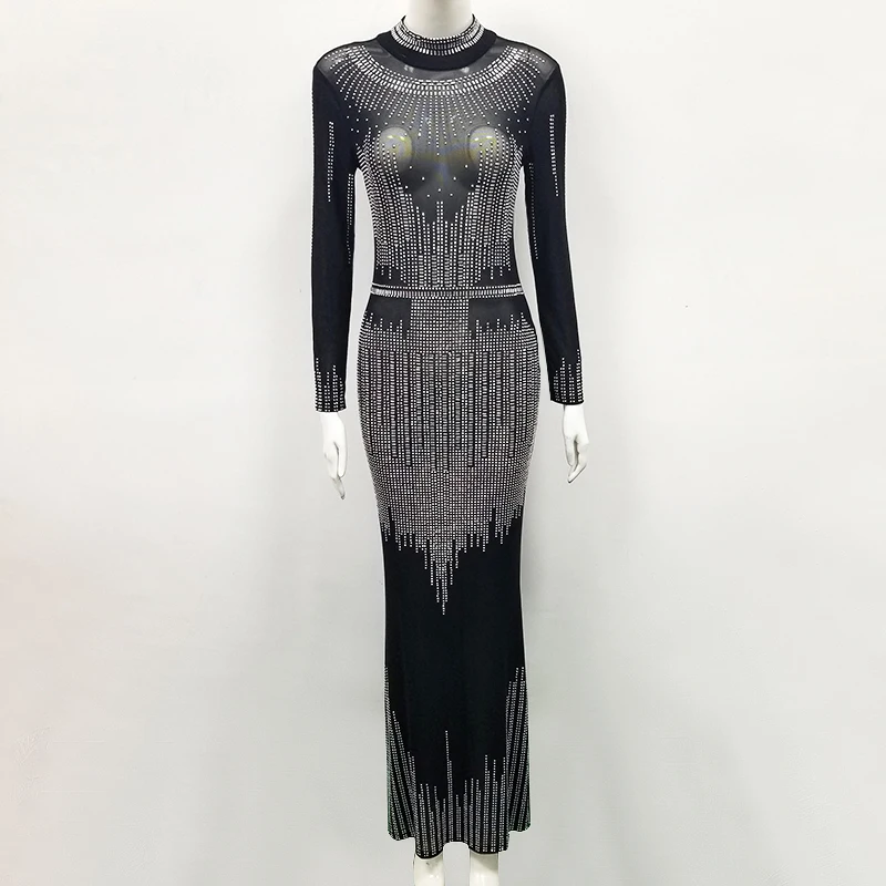 Новое поступление, модное черное Сетчатое платье с бусинами, высококачественное платье с длинными рукавами, вечернее платье знаменитостей, горячая распродажа