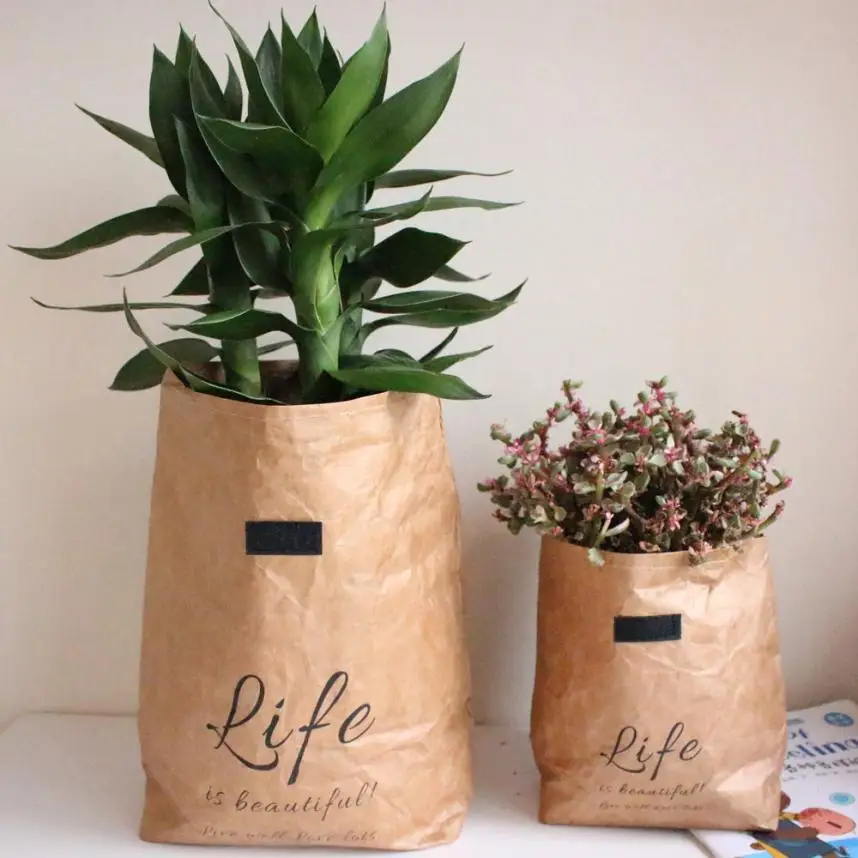 Washable Kraft Paper Bag Plant Flowers Pots Multifunction Home Storage
