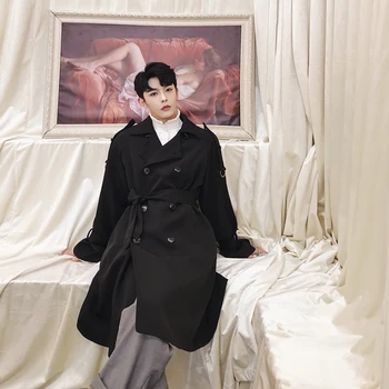 

2018 Korean Autumn Men's Fashion Tide Retro Style Exquisite Windbreaker Loose Casual Black/Khaki Knee-length Trench Coats M-2XL