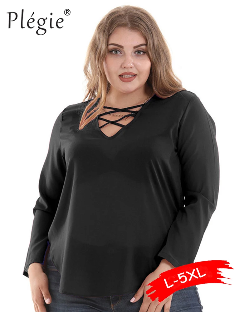 

Plegie L-5XL Plus Size T Shirt Women Long Sleeve V Neck Chiffon Tshirt Large Size Womens Clothing 2019 New Arrival Spring Tops