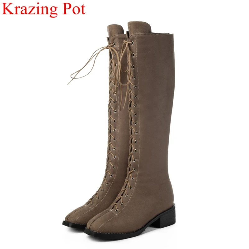 

2018 fashion flock med heels lace up knee-high boots big size square heel winter shoes warm solid women thigh high boots L58