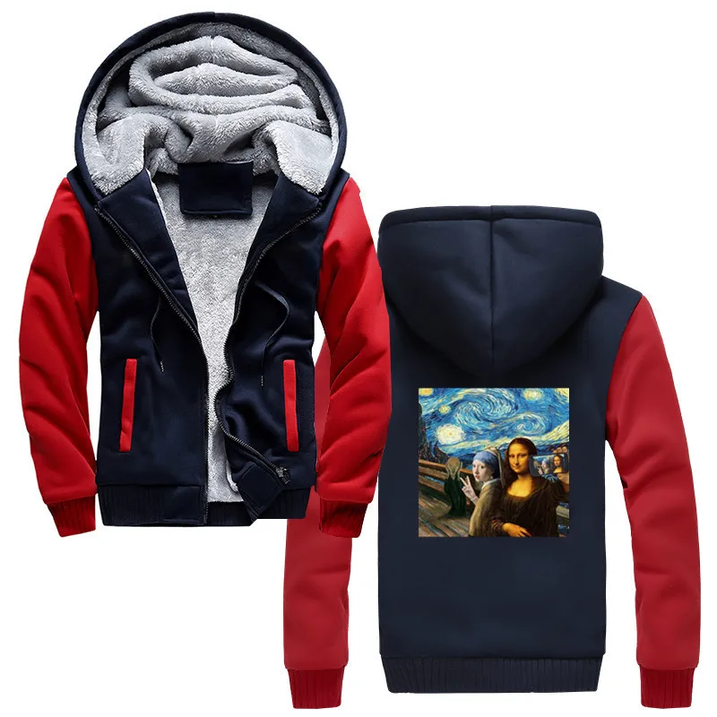

Fashion Mona Lisa Starry Knight Art Funny Group Selfie Cell Phone Meme Hoodies Men Thick Zipper Sweatshirt Harajuku Streetwear